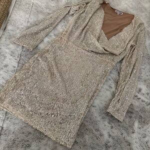 Fashion Nova Gold Sequin Long Sleeve Dress